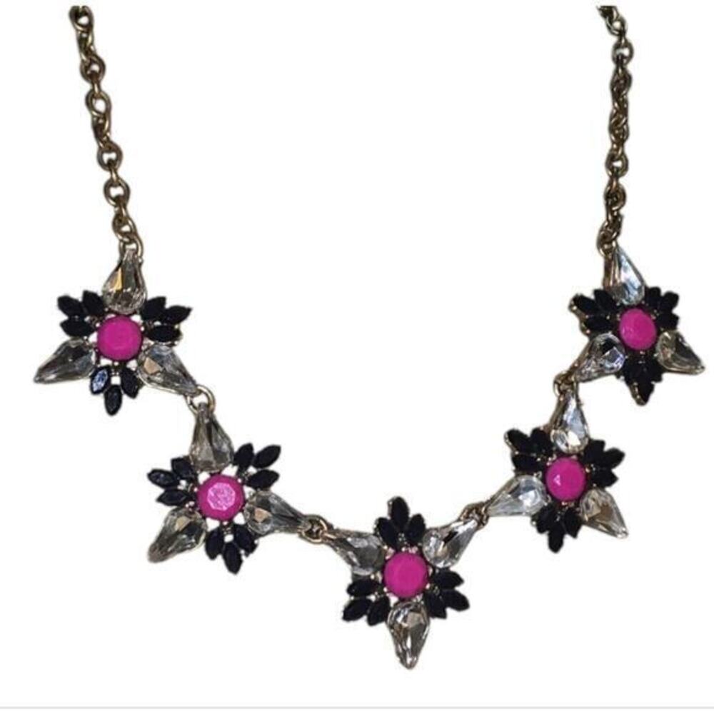 J. Crew Pink Black Crystal Floral Statement Necklace‎ Antique Gold Tone Bib